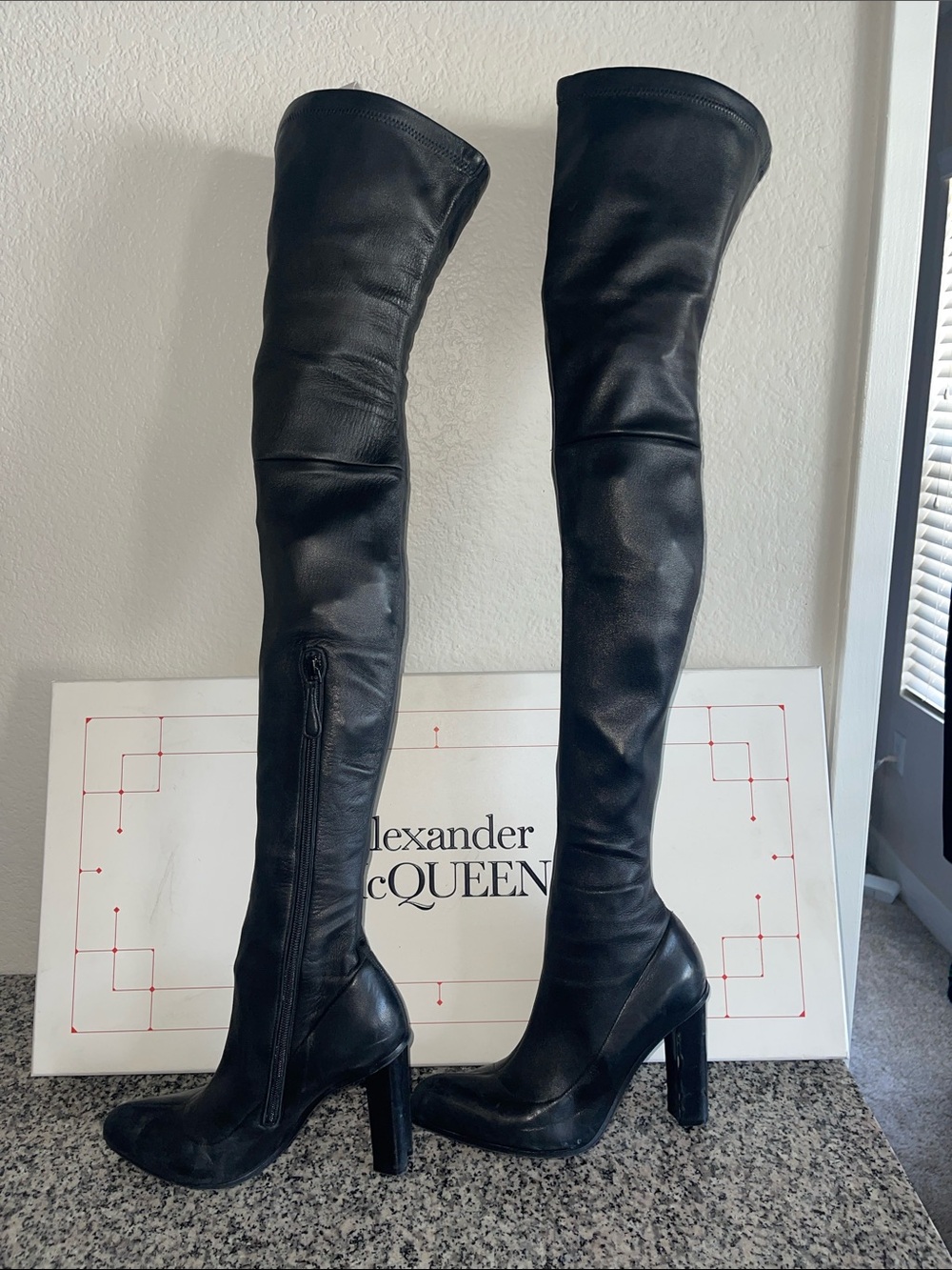 Alexander McQueen Black Over-The-Knee Leather High-Heel Boots